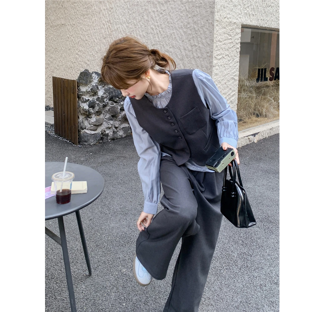 〈纪朵研〉1288老钱风衬衫马甲套装女春秋阔腿裤灰色三件套韩系