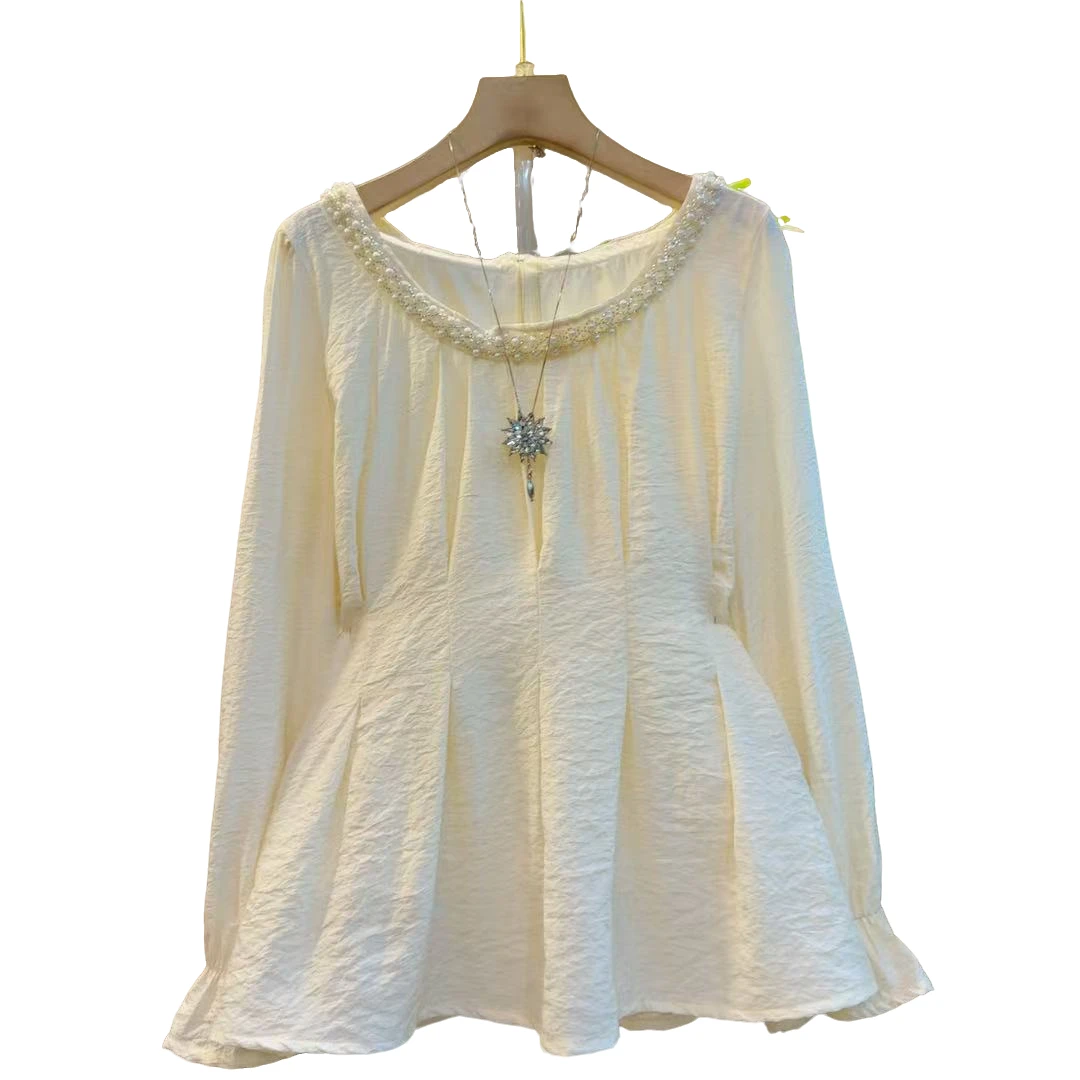 法式重工收腰气质显瘦百搭洋气微喇袖上衣（长62左右）