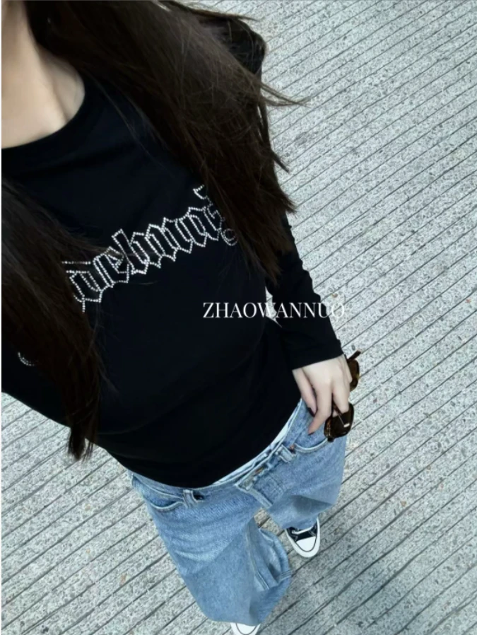 ZHAO WANNUO 丨 25早秋黑色经典字母带钻印花打底衫T恤NC0054