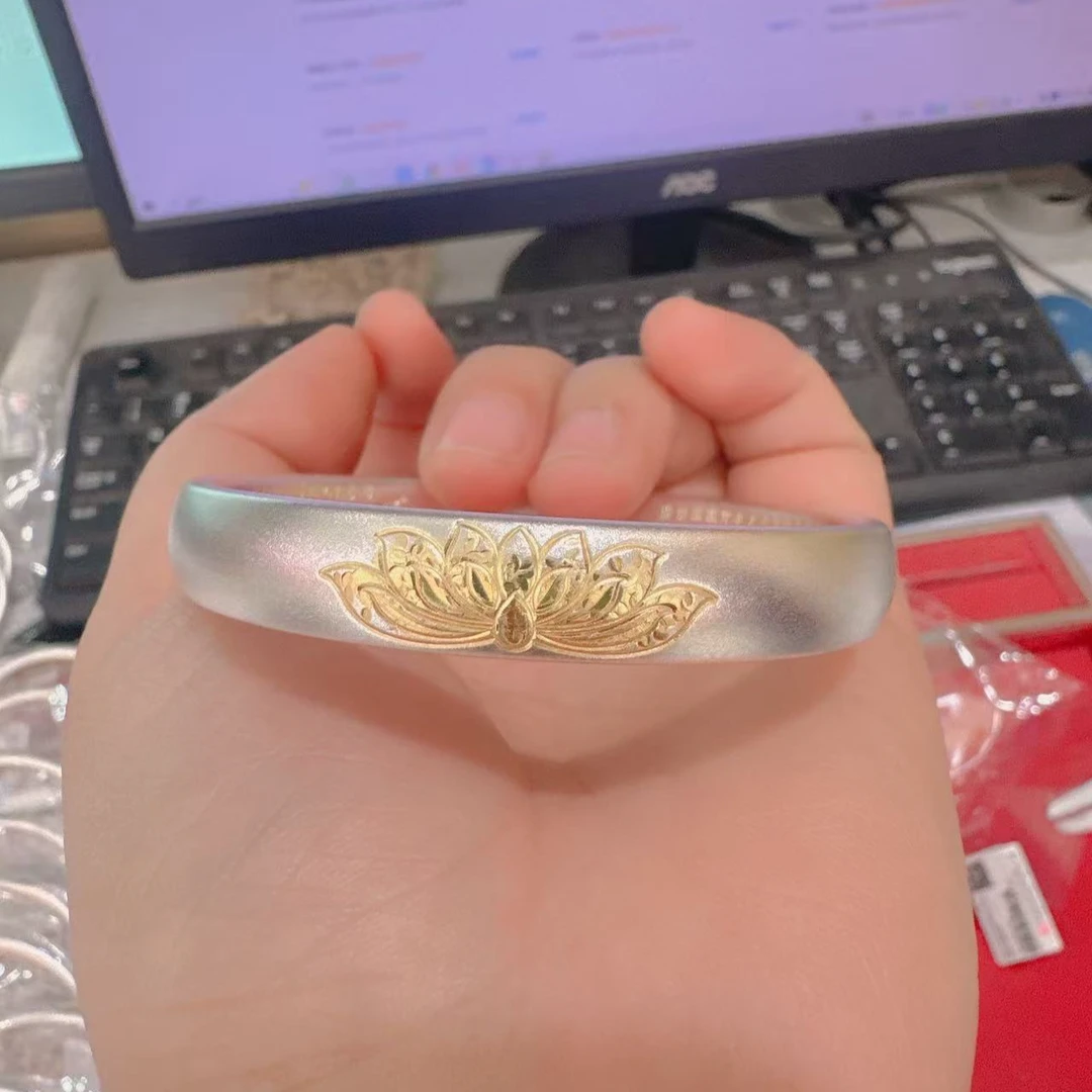 足银手镯 足银吊坠  描金莲花手镯