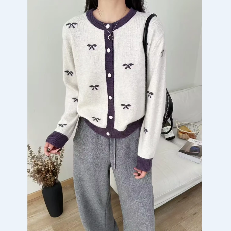 春秋新款圆领撞色提花蝴蝶结针织开衫女宽松显瘦毛衣外套外搭上衣