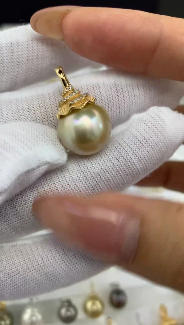 银S925镶嵌海水珍珠珍珠极光南洋金珠吊坠13-14