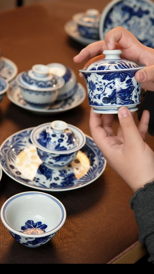 马蹄鱼藻纹理两才盖碗