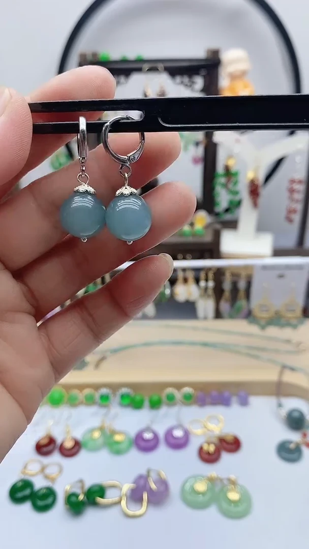 银S925镶嵌石英质玉（非洲翠）耳饰173