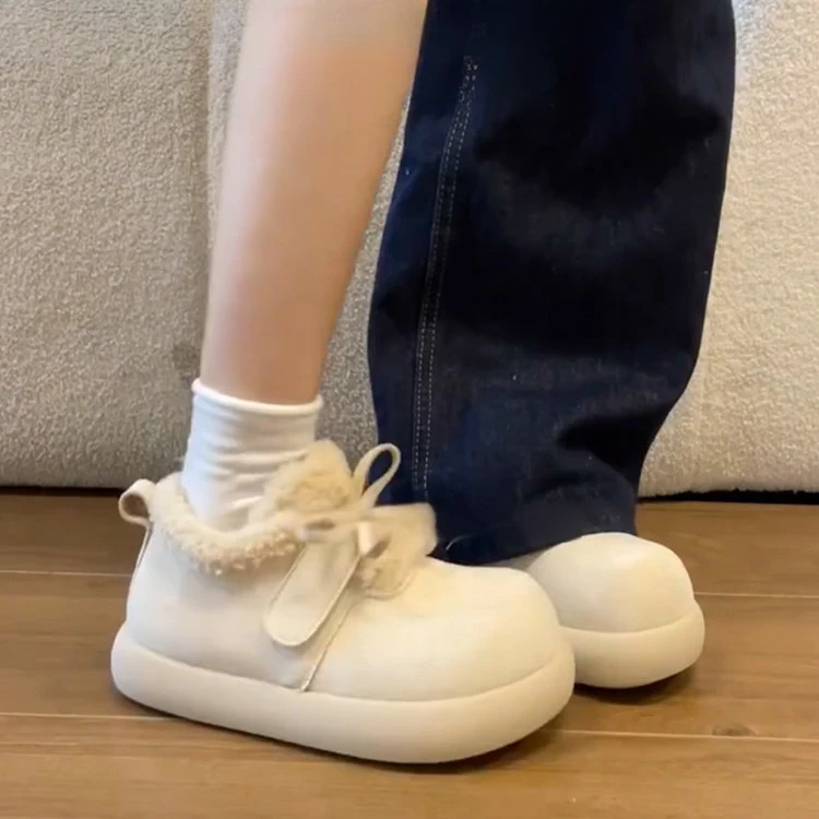 白色厚底加绒雪地靴女冬季新款保暖防滑蝴蝶结勃肯鞋外穿毛毛棉鞋