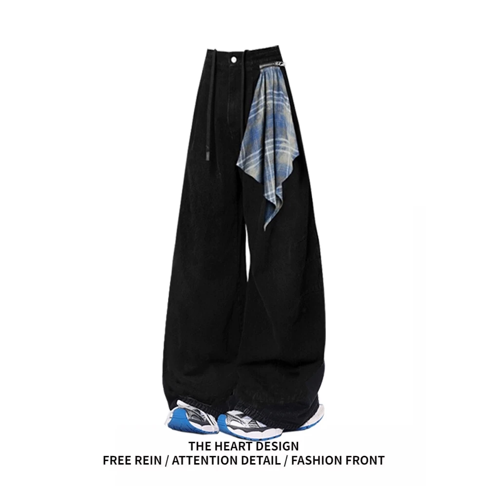 黑色方巾可拆弯刀牛仔裤女美式复古拉链设计感镰刀裤宽松阔腿裤子