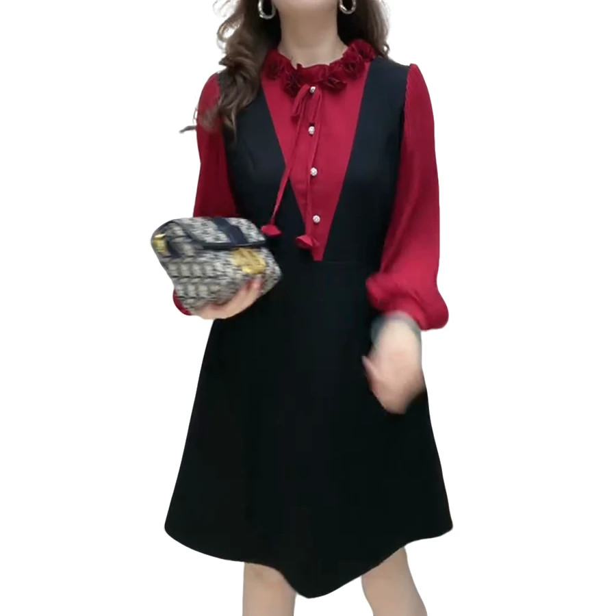 显瘦拼接高腰连衣裙收腰洋气针织秋冬长款秋季长袖假两件辣妈