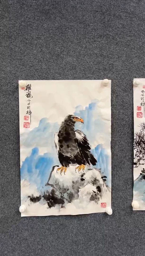 国画颜新辉-四尺三开-雄鹰图