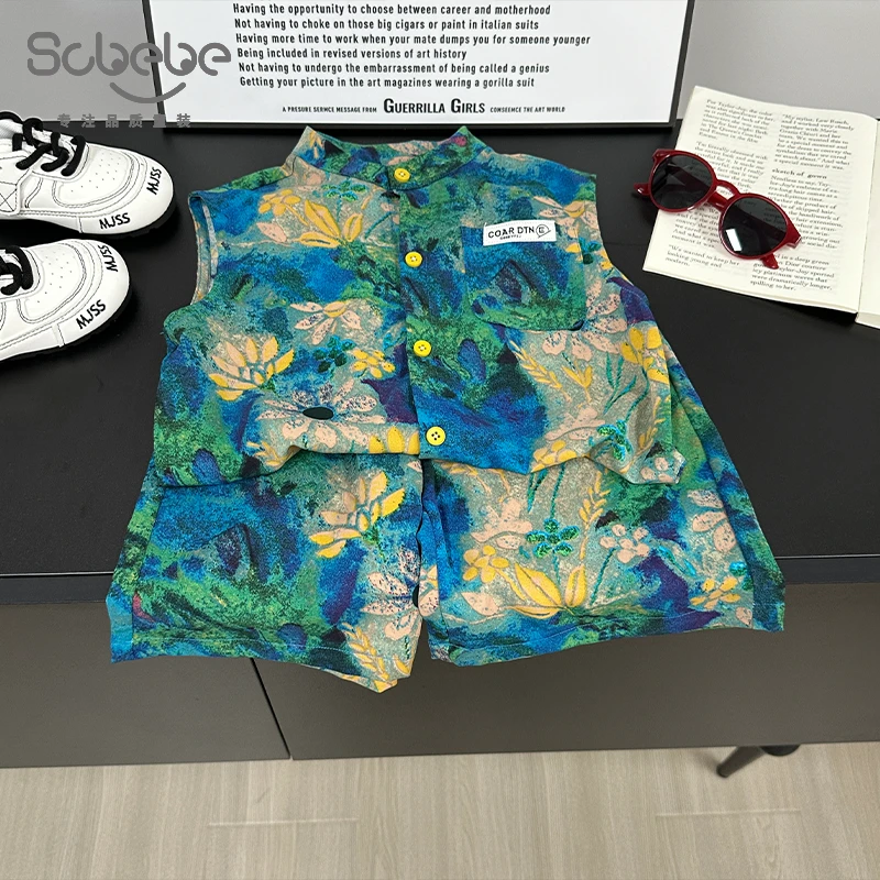 SCBEBE【速干五分裤套装】儿童套装夏季新款沙滩风满印薄款AT962