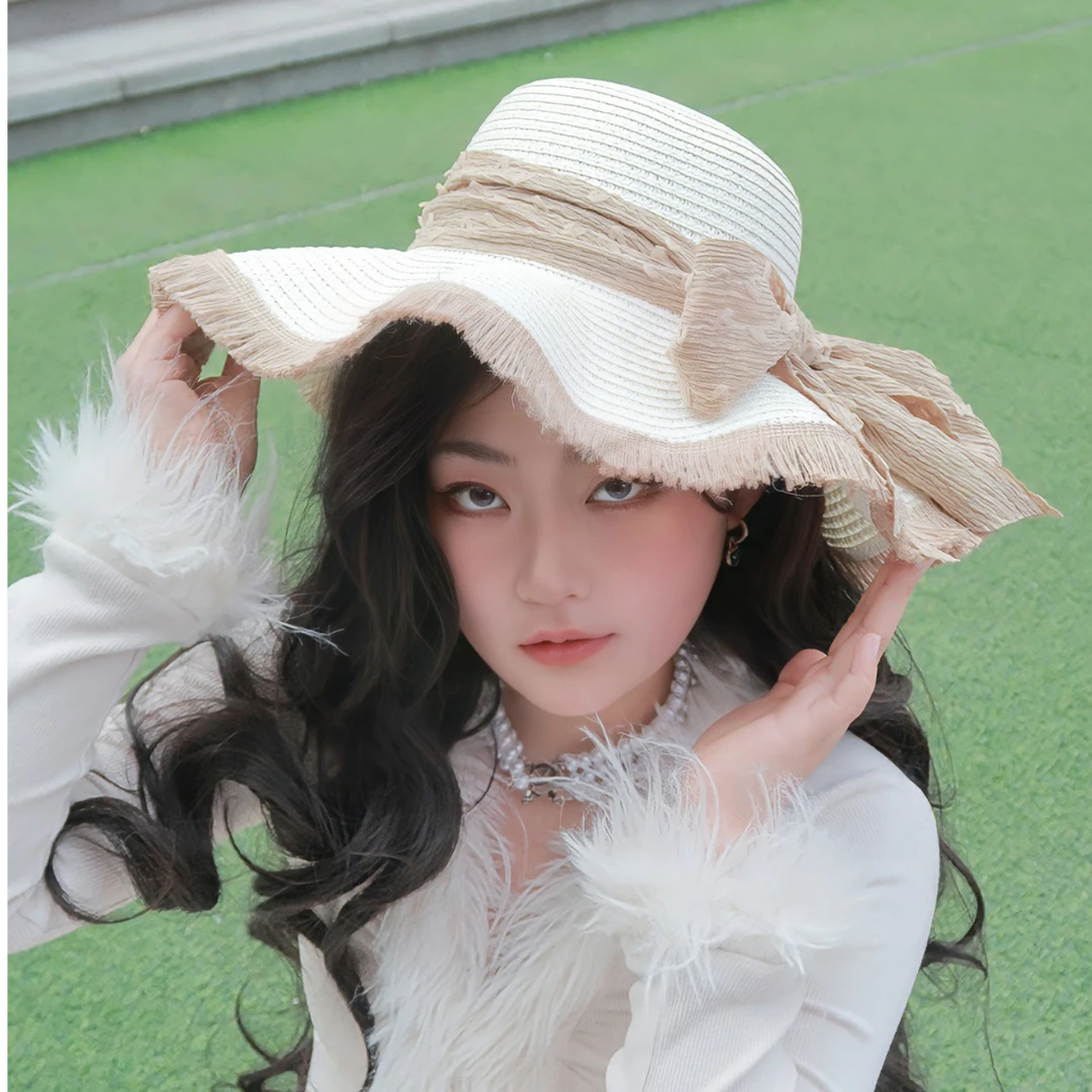【VELAORA】纬光纪设计师款法式蝴蝶结系带编织透气女士遮阳防晒帽