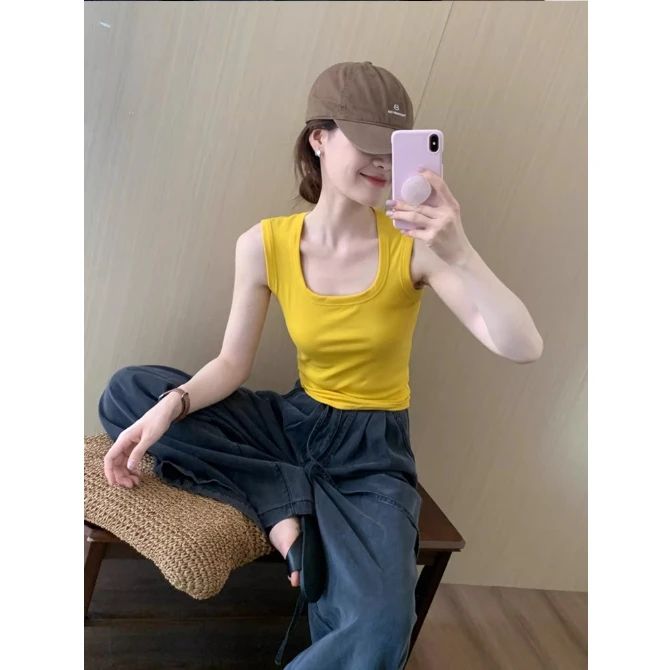 多巴胺风格纯欲风网红洋气女装2025新款简约百搭方领背心裤子套装