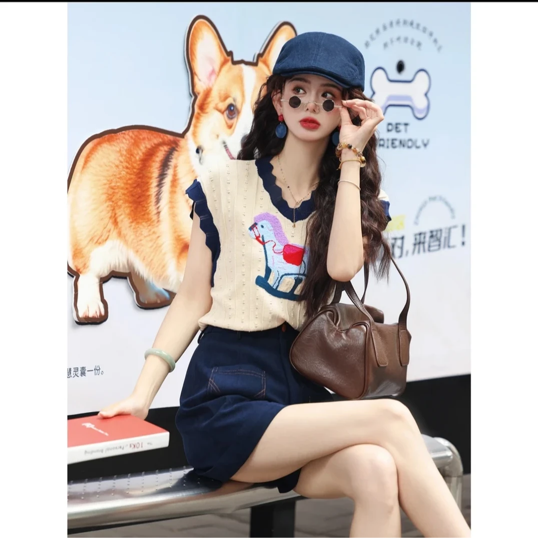 时尚百搭宽松时尚休闲百搭圆领短袖条纹T恤 洋气短袖上衣针织5212