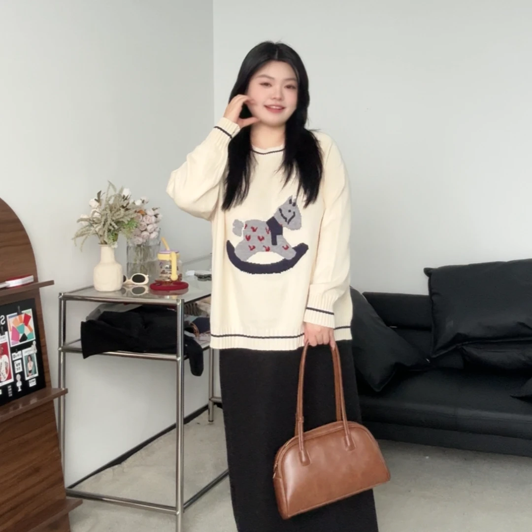 7001大码女装小马提花毛衣女慵懒风宽松百搭圆领套头上衣