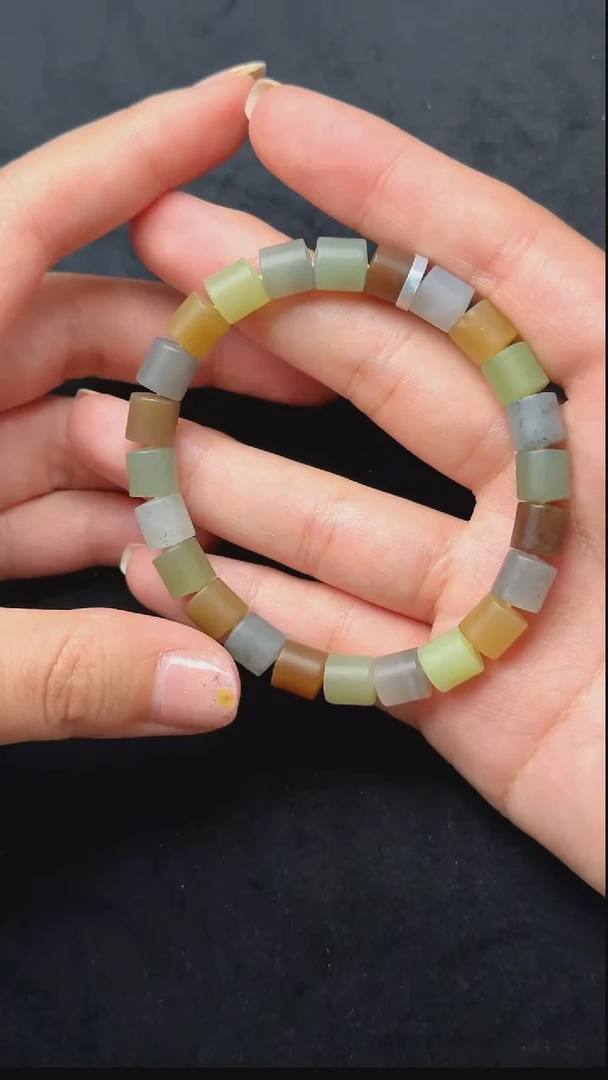 颈饰未镶嵌和田玉038-楼兰三色桶珠手串-8mm-N2454-1209