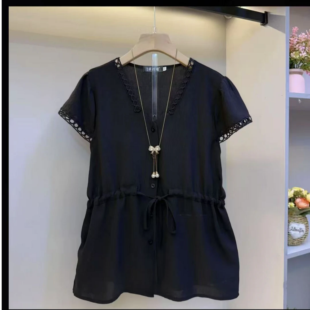 8099-C-黑色净色镂空气质收腰大码冰感洋气大码半袖衫