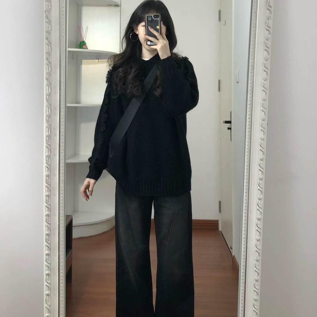 时尚新款秋冬简约韩版纯色内搭通勤慵懒感针织小众毛衣显瘦裤子女