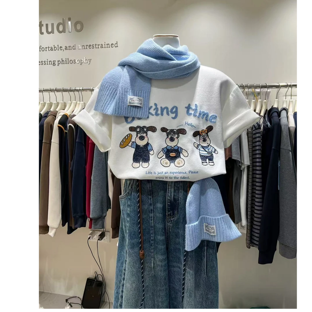 D9755秋冬新款韩版短袖女重工刺绣小熊卡通减龄洋气宽松T恤