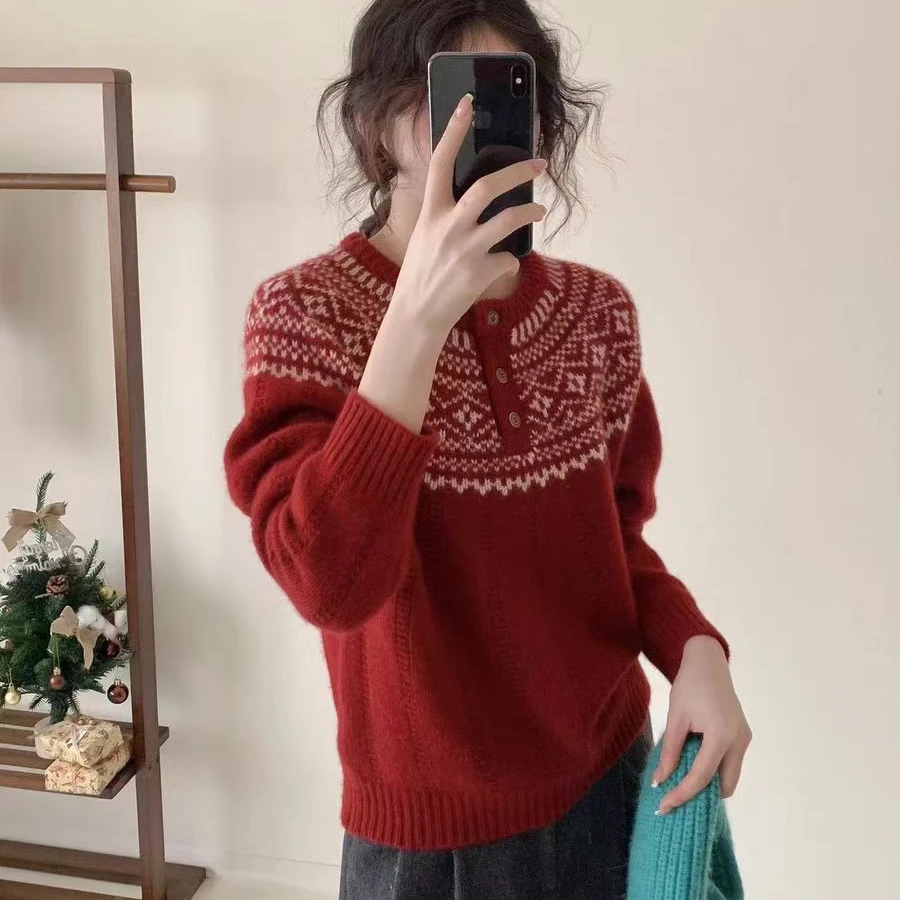 费尔岛过年红色圆领毛衣女秋冬新款2025本命年衣服新年针织打底衫
