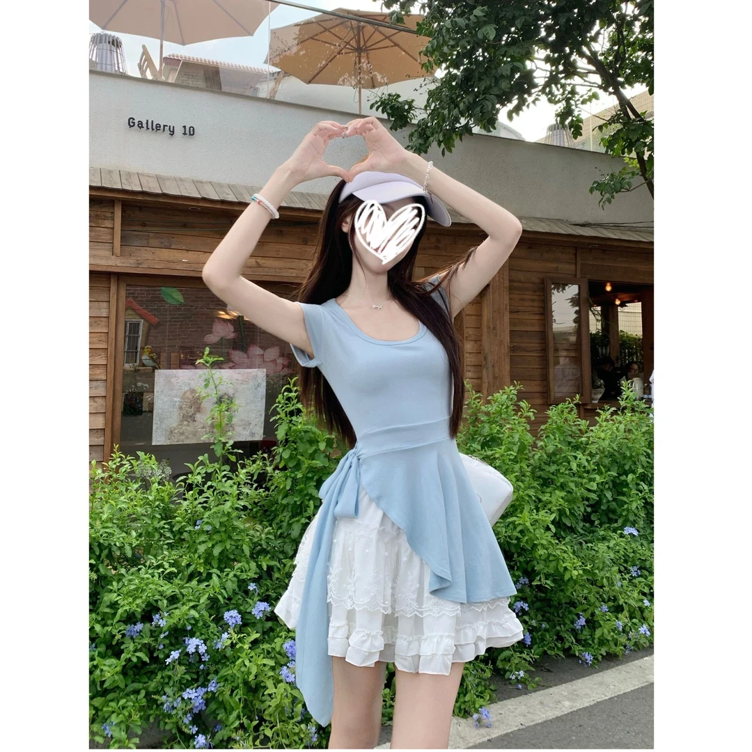 夏季搭配一整套2025韩系方领上衣蕾丝蛋糕短裙两件套甜美套装1140