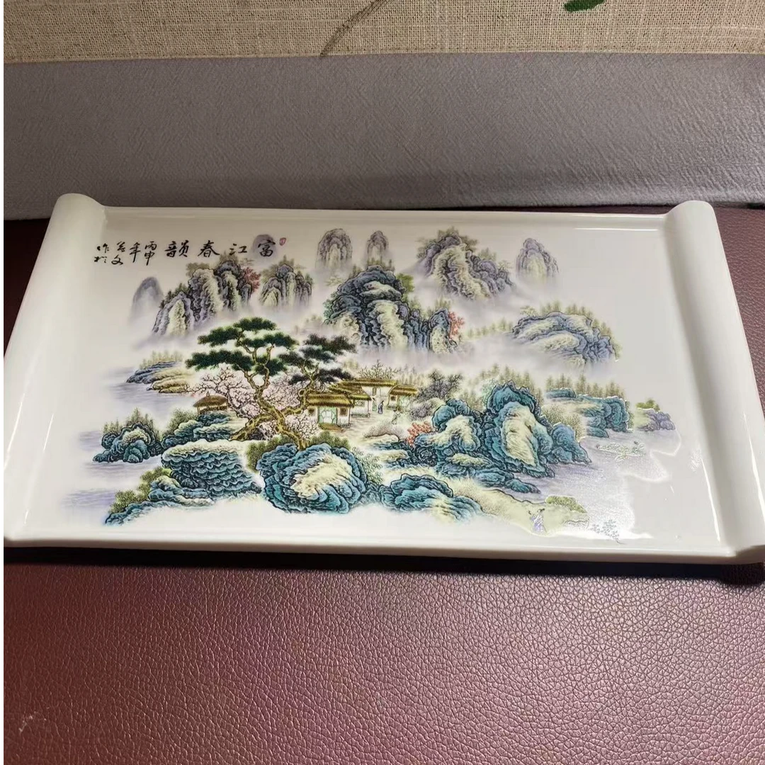 手工精品青花山水盘方盘托盘复古盘子家用陶瓷白瓷长方形