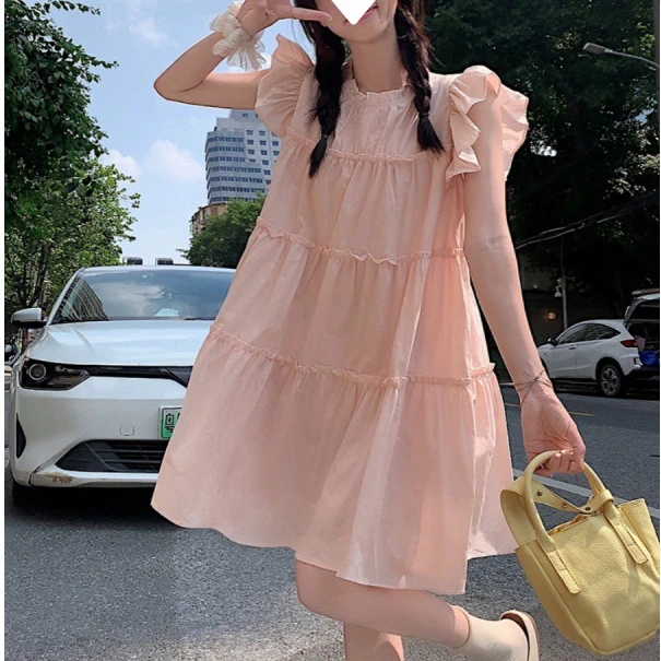 粉色小飞袖连衣裙女夏季2025新款奶系穿搭甜美初恋小个子裙子