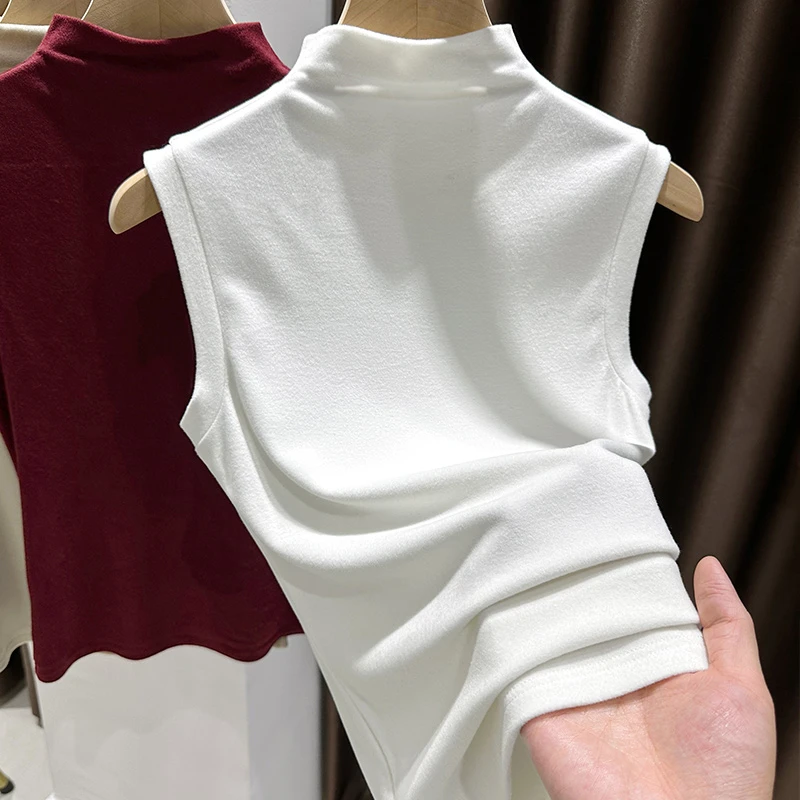 高级感磨毛打底衫女半高领内搭薄绒修身无袖背心秋冬新款白色上衣