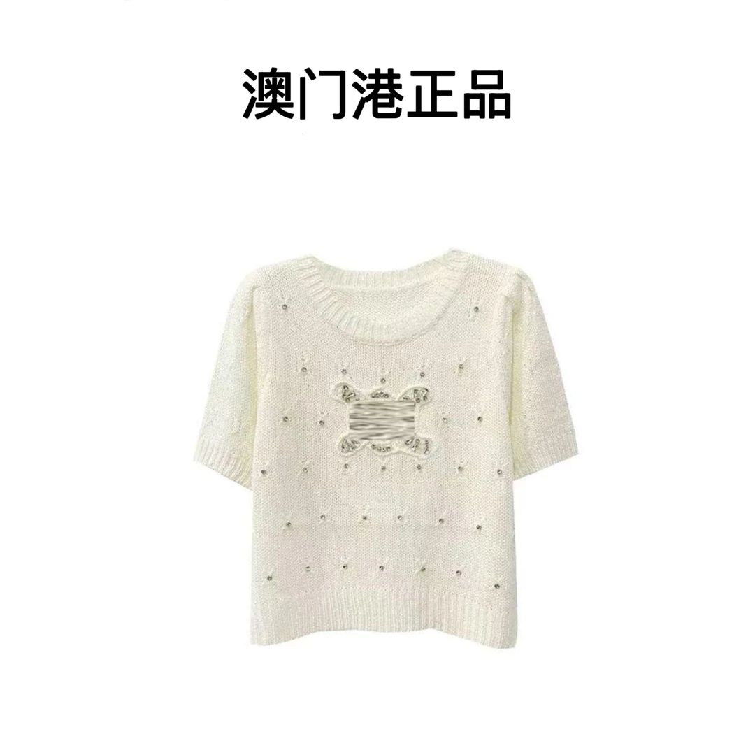 【澳门港正品】白色钉珠圆领简单百搭时髦短袖针织衫msl027