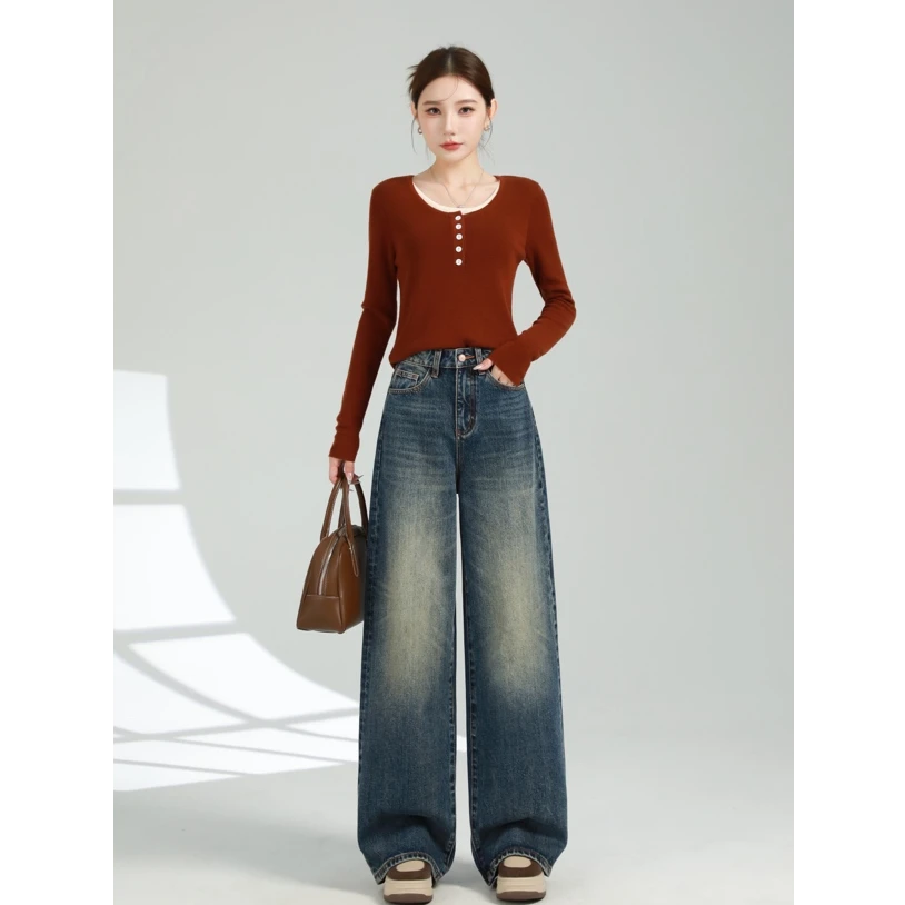 2025早秋新款复古阔腿牛仔裤女高腰宽松显瘦水洗做旧直筒9908