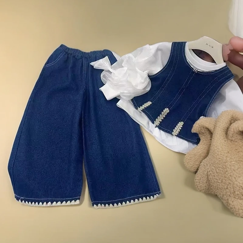 时尚潮童港风女童婴儿休闲韩版儿童衣服宝宝套装洋气牛仔三件套