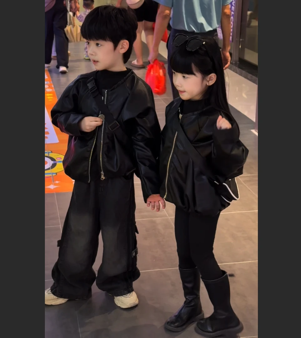 【兄妹款】女童秋冬皮衣秋季新款小女孩时髦短款黑色皮衣宝宝洋韩版