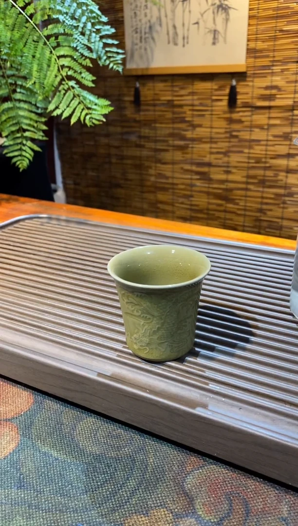 【山隐青瓷】龙窑柴烧杯子 鱼化龙梅子青窑变 70CC