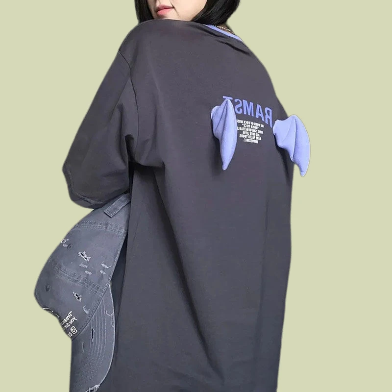 大码-300斤国潮立体翅膀小恶魔t恤男女宽松短袖高街风情侣上衣潮