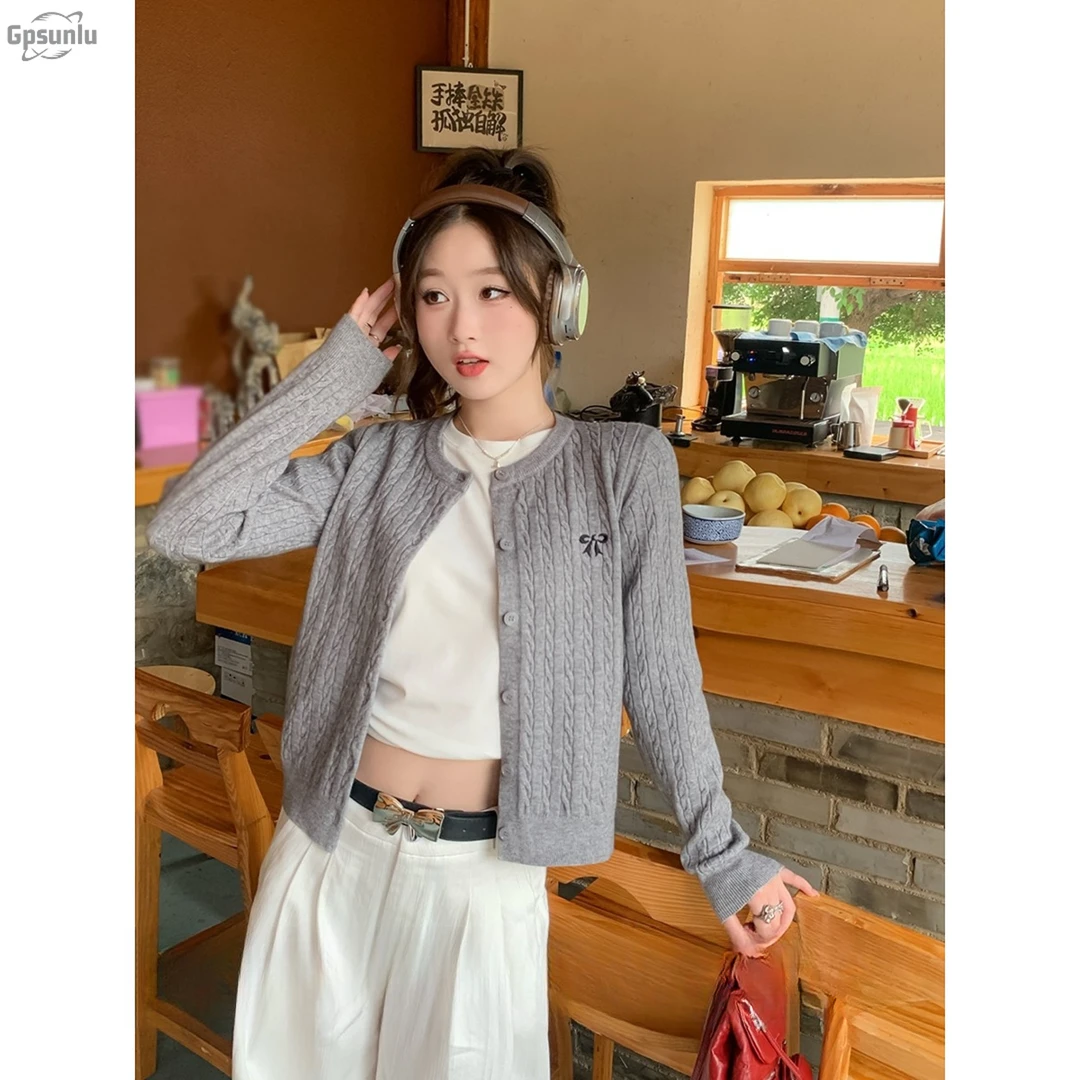 gpsunlu灰色开衫女士针织夹克高端秋季时尚休闲毛衣学生毛衣开衫