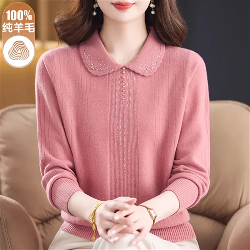 妈妈装100%纯羊毛打底衫中老年女秋冬新款毛衣洋气翻领宽松针织衫