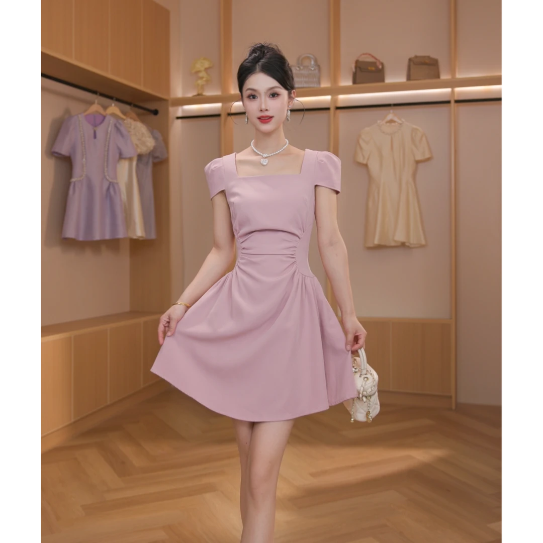 夏季新款简约时尚短款气质方领收腰显瘦连衣裙20549