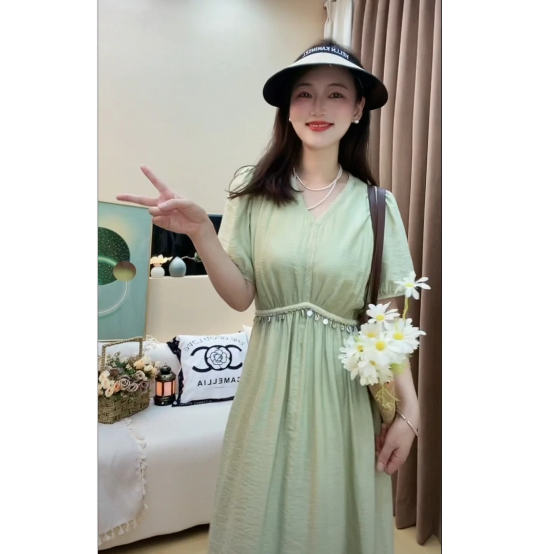 【XH】【安安】【有里布】休闲风V领连衣裙女2025夏季新款收腰长裙D2131