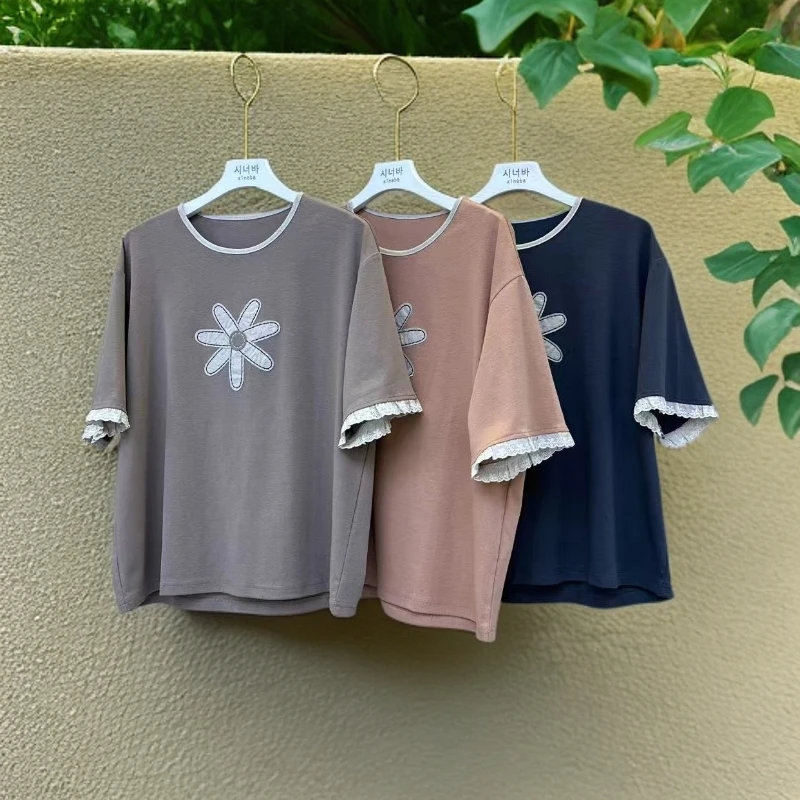 【xineba3】菊花贴布绣短袖韩国女士蕾丝边袖棉质体恤时尚洋气舒适