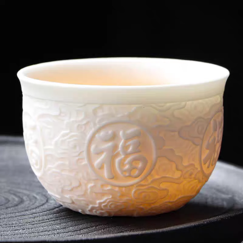 D纯白釉下浮雕主人杯百福家用陶瓷瓷杯品茗杯茶具白瓷百福杯TJ042