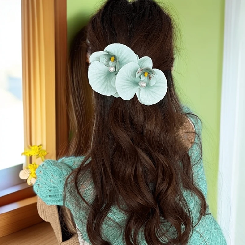 早春蝴蝶结兰花朵鸭嘴夹后脑勺盘发一字夹前额刘海夹子半扎发头饰