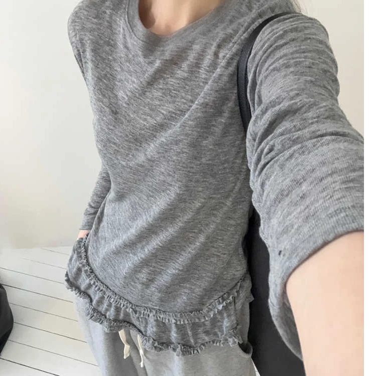 pepper韩国东大门2025新款甜美百搭圆领木耳边下摆长袖t恤女 115