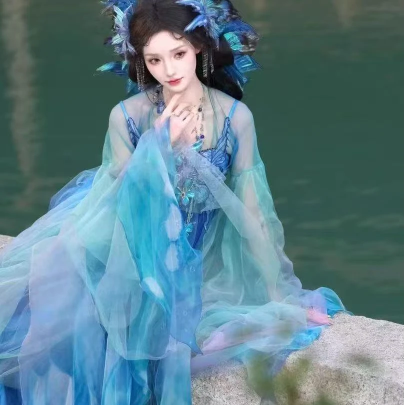 低版本【蓝闪蝶】汉服女超仙重工刺绣大袖改良吊带裙国风大典走秀款