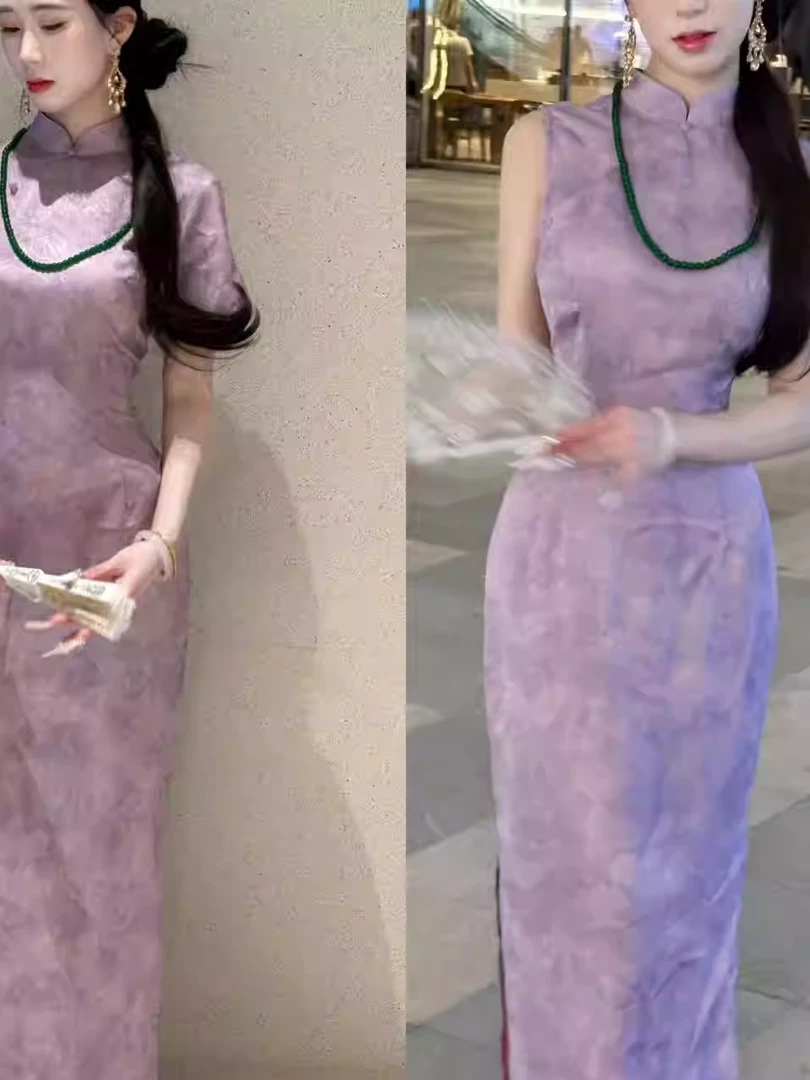 画报夫人原创自制国风双面色萝孔紫色中国风旗袍 繁紫升花