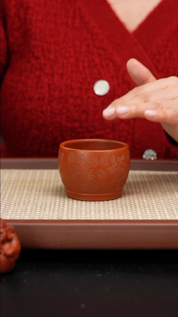 【闪购商品】紫砂茶壶赵庄朱泥百福杯刻绘110cc