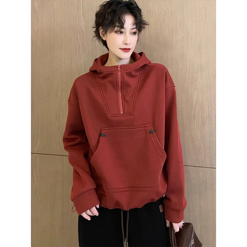 高含棉半拉链连帽卫衣女春季2025新款时尚宽松休闲设计感上衣外套