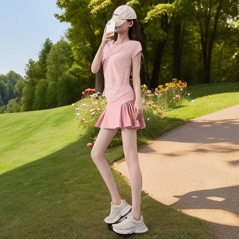 跑步运动套装冰丝2025瑜伽服轻薄新款t恤衫网球夏季短裙女羽毛球