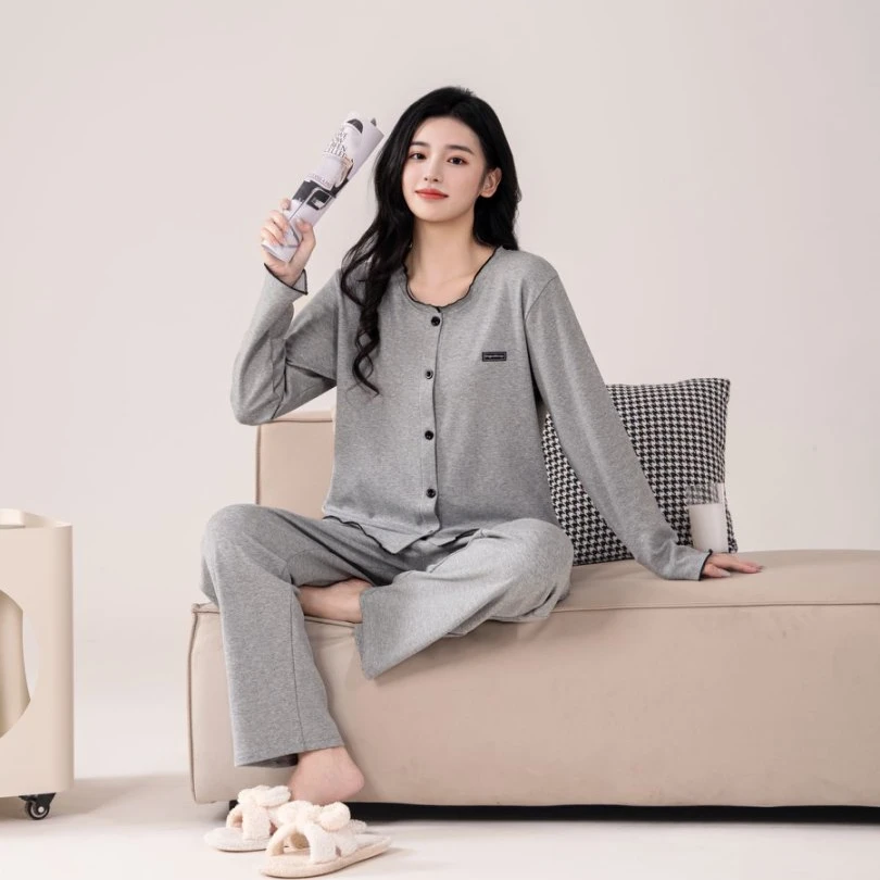 （带胸垫）秋冬季女士小香风花灰色长袖长裤家居服睡衣女套装可外穿