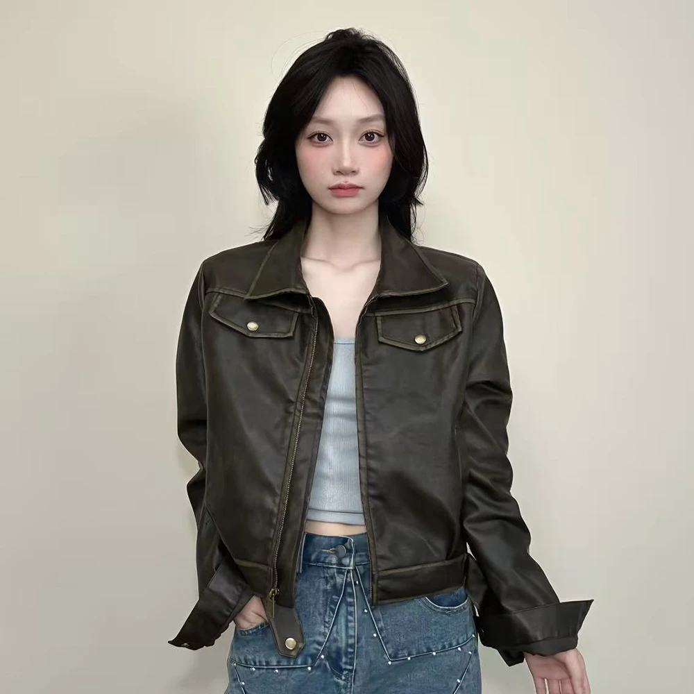 JADE QILIN美式小众设计感重工机车皮衣外套宽松拉链夹克