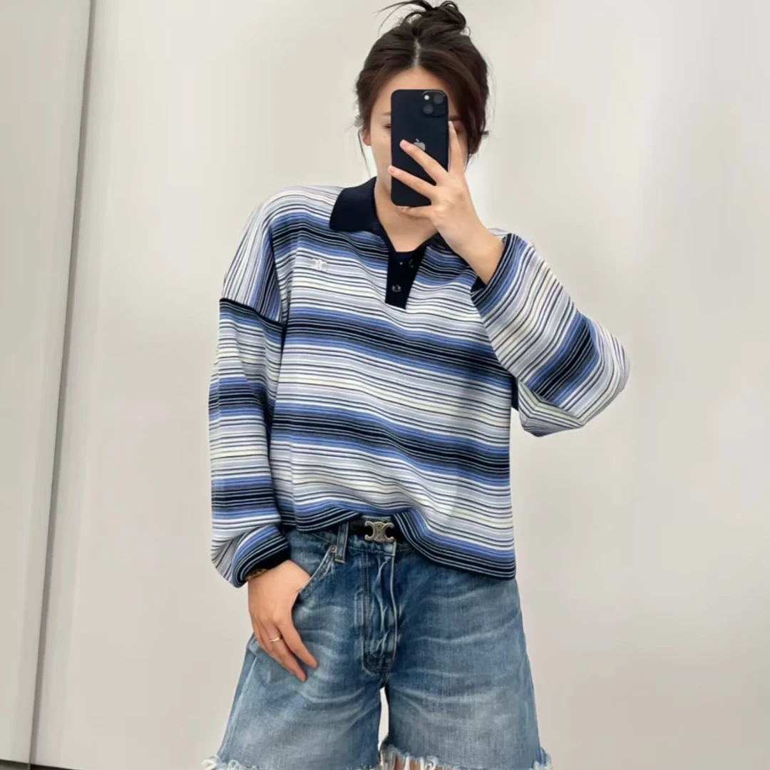 未使用 Celine/思琳 Celine 条纹单排扣落肩长袖毛衣 蓝色M