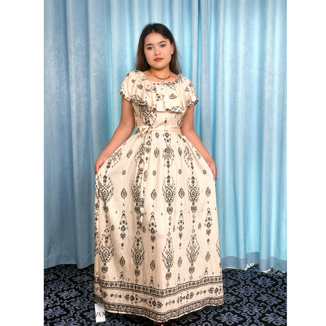 2667【大码女装】荷叶领少女民族风花纹时尚通勤度假女装连衣裙