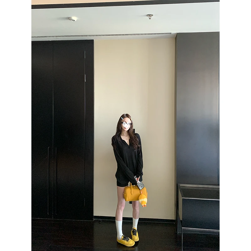 韩系ins衣服早秋长袖罩衫polo衫防晒T恤上衣女宽松休闲短裤套装